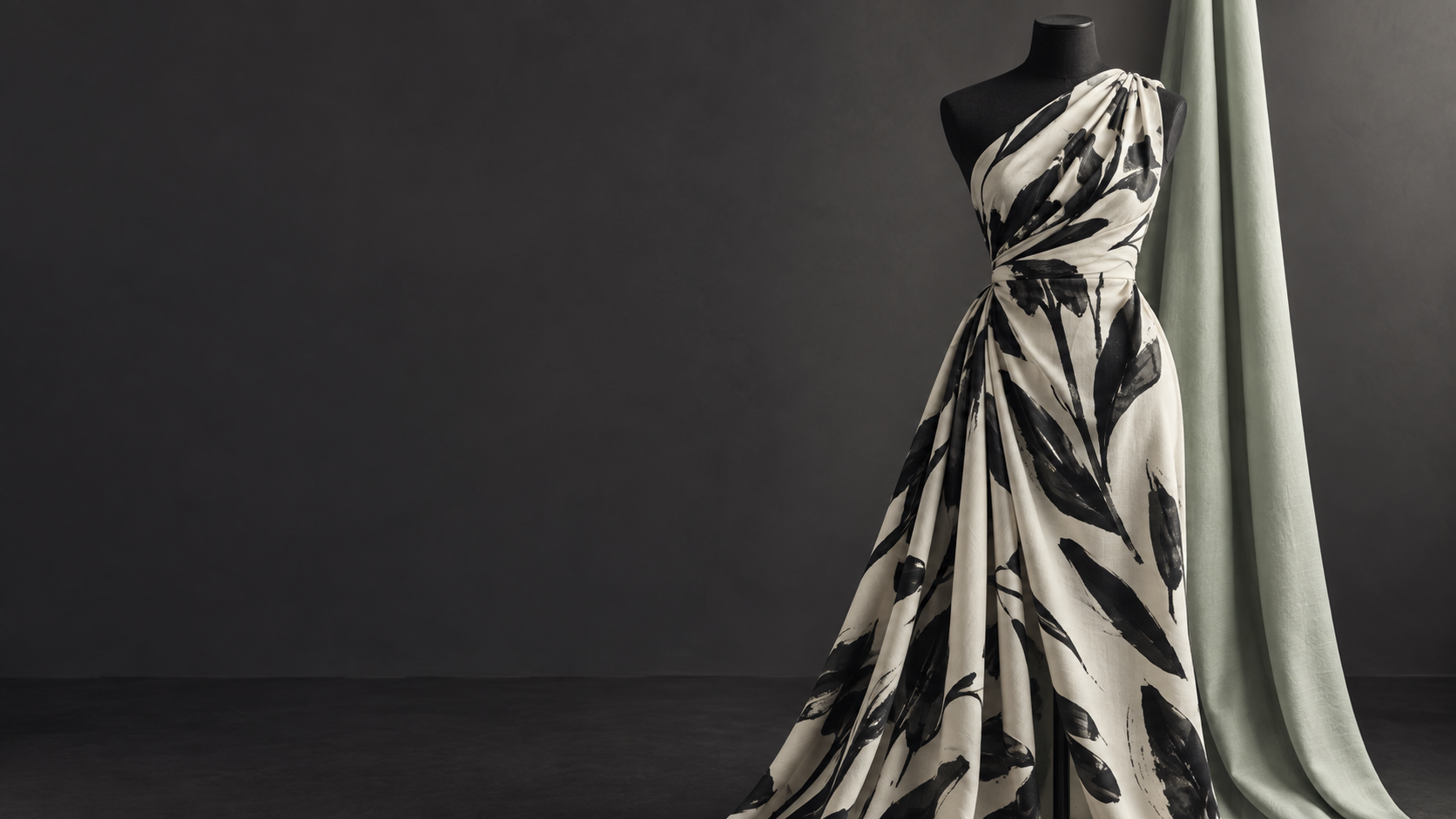 Modern printed viscose fabric draped on a dress form
